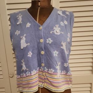 Susan Bristol Vintage Ugly Knit Easter Bunny Spring Cropped Vest Embroidery